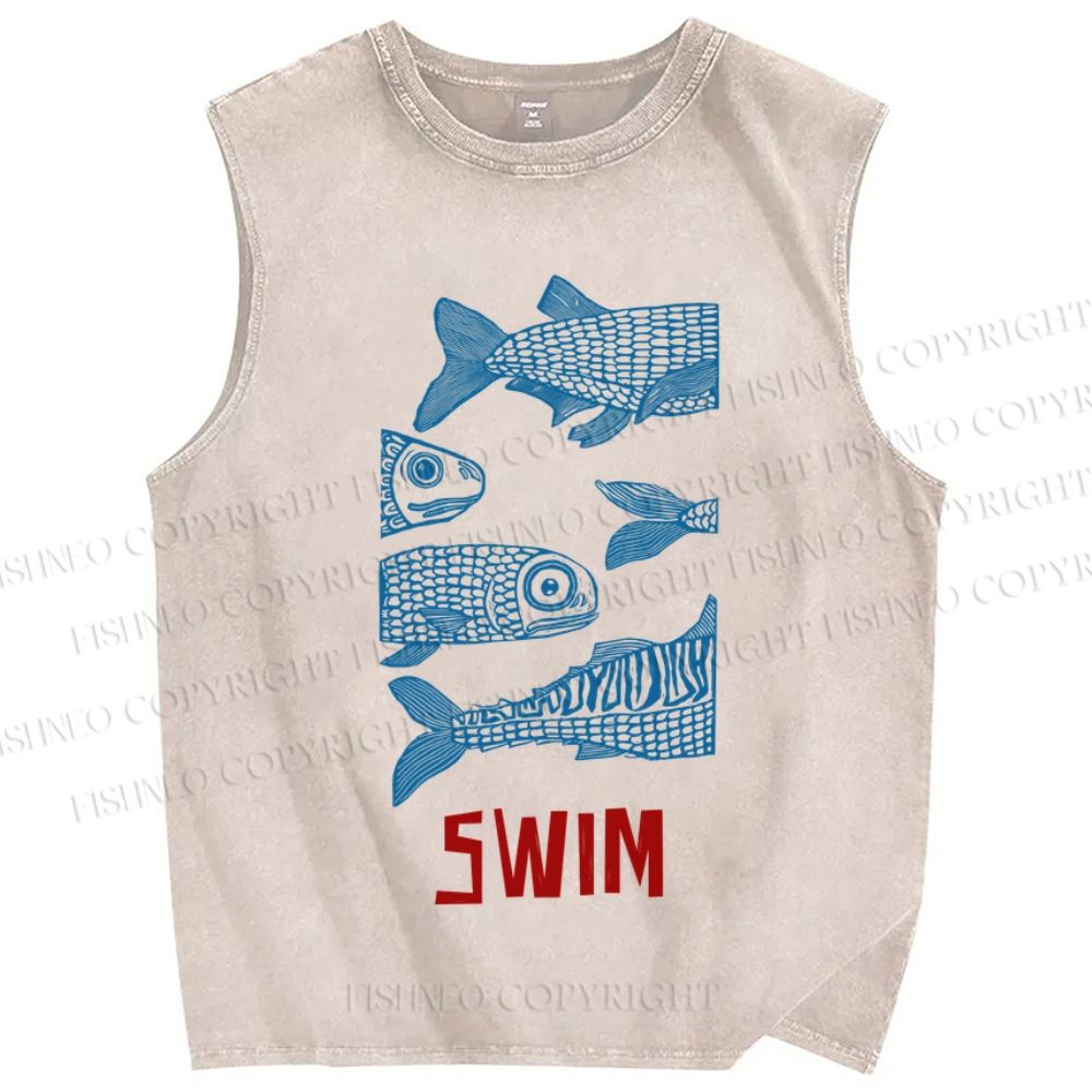 Unisex Vintage Fish Swimming Printed Washed Tank Top