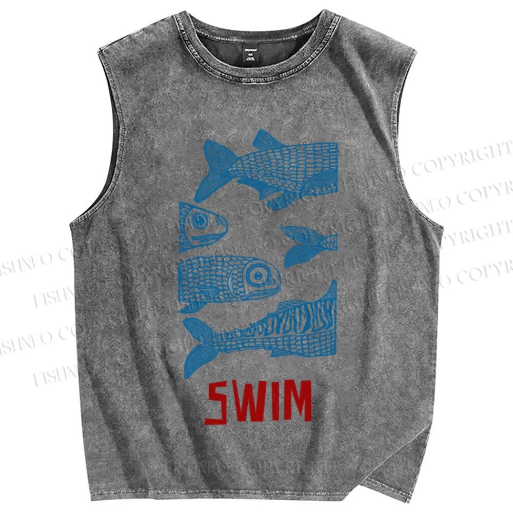Unisex Vintage Fish Swimming Printed Washed Tank Top