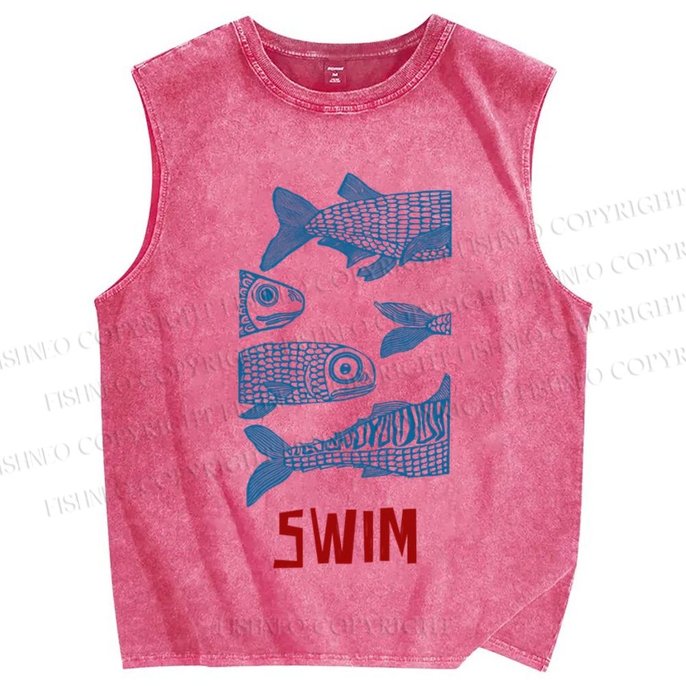 Unisex Vintage Fish Swimming Printed Washed Tank Top