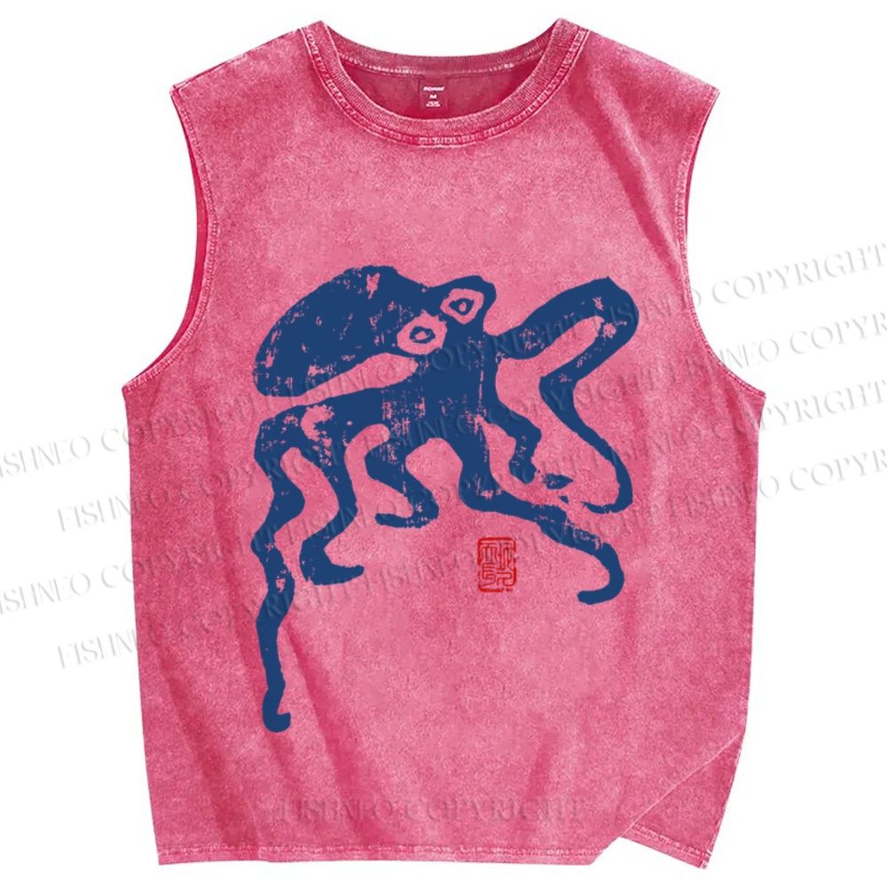 Unisex Vintage Octopus Printed Washed Tank Top