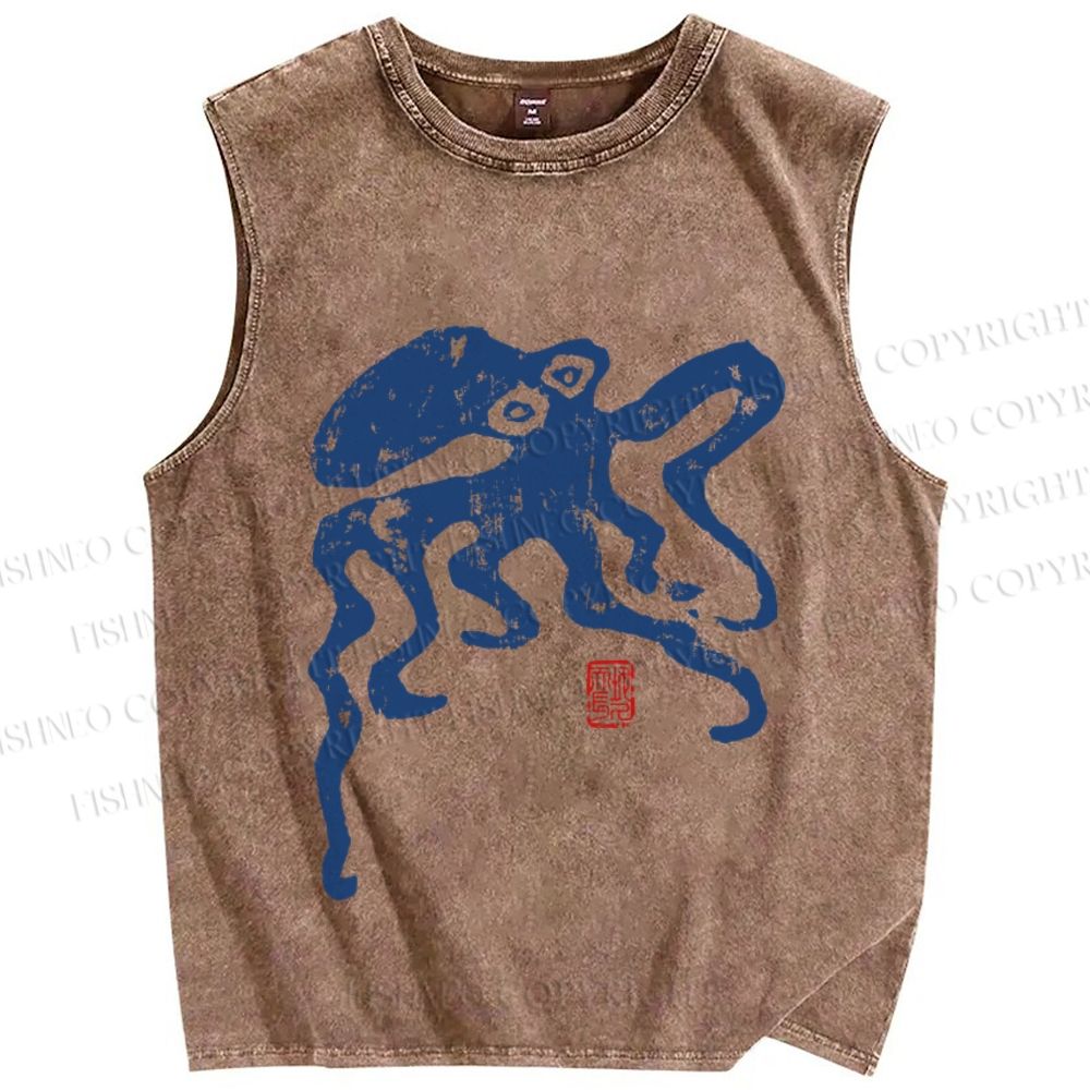 Unisex Vintage Octopus Printed Washed Tank Top