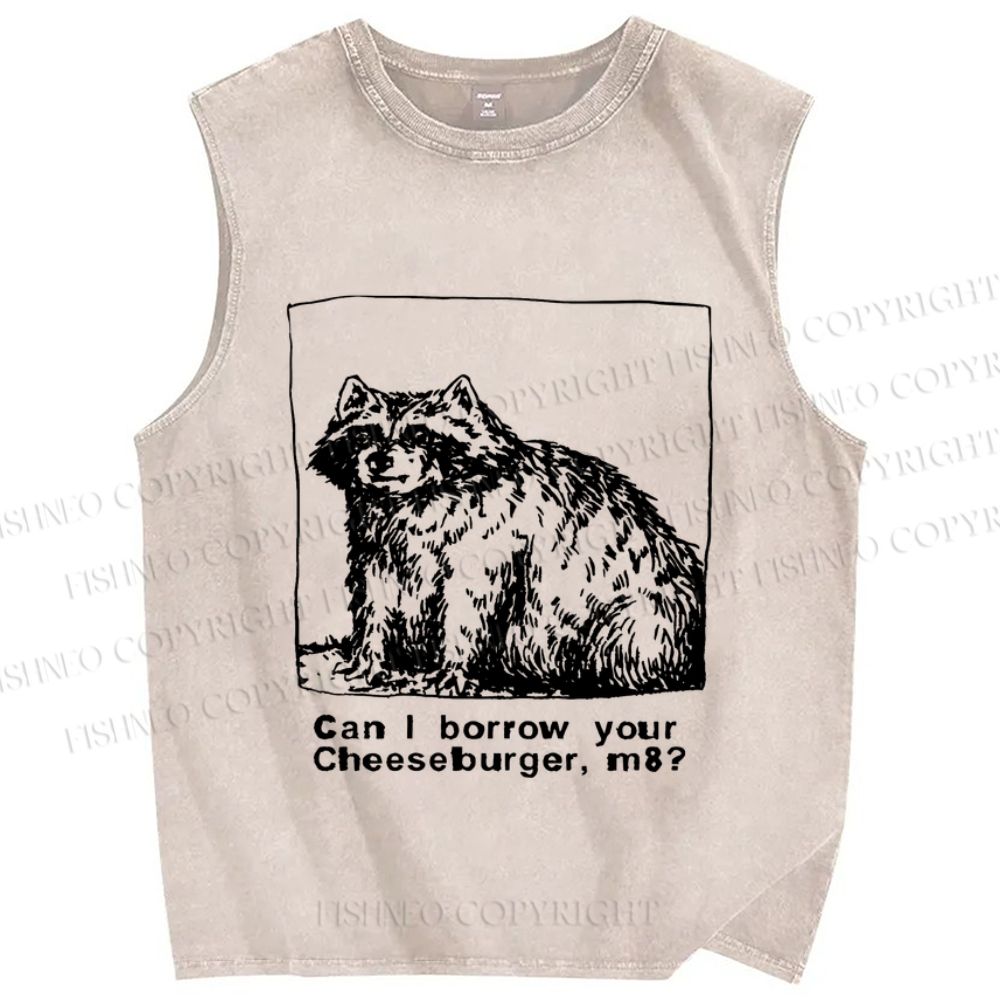 Unisex Can I borrow your cheeseburger Vintage Raccoon Printed Washed Tank Top