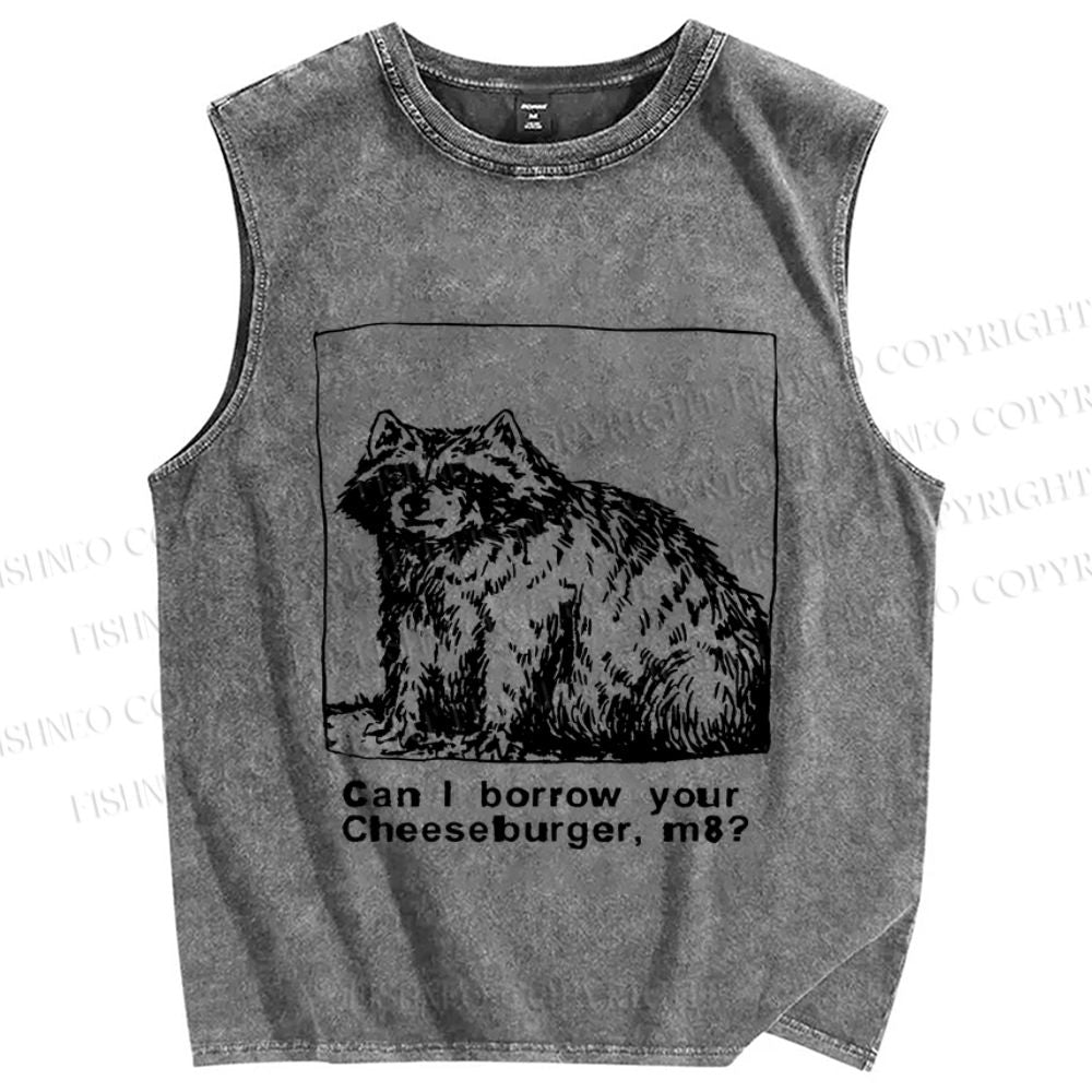 Unisex Can I borrow your cheeseburger Vintage Raccoon Printed Washed Tank Top