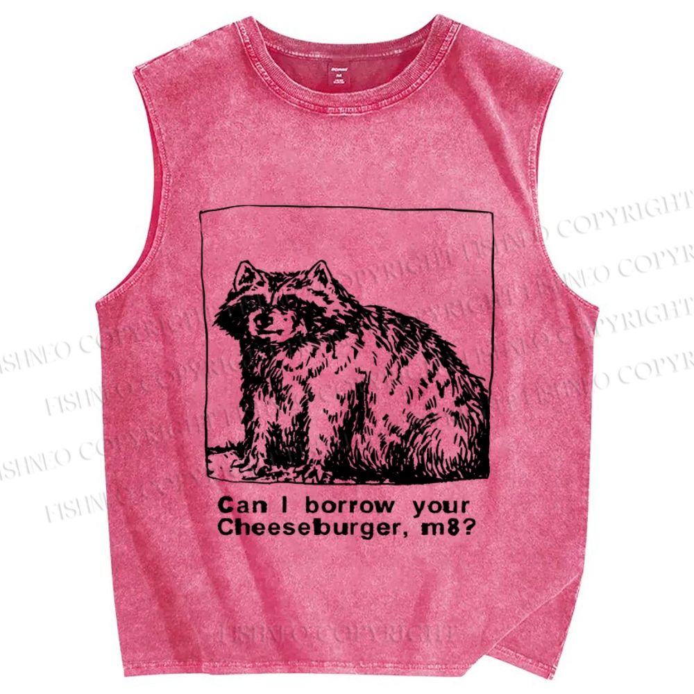 Unisex Can I borrow your cheeseburger Vintage Raccoon Printed Washed Tank Top