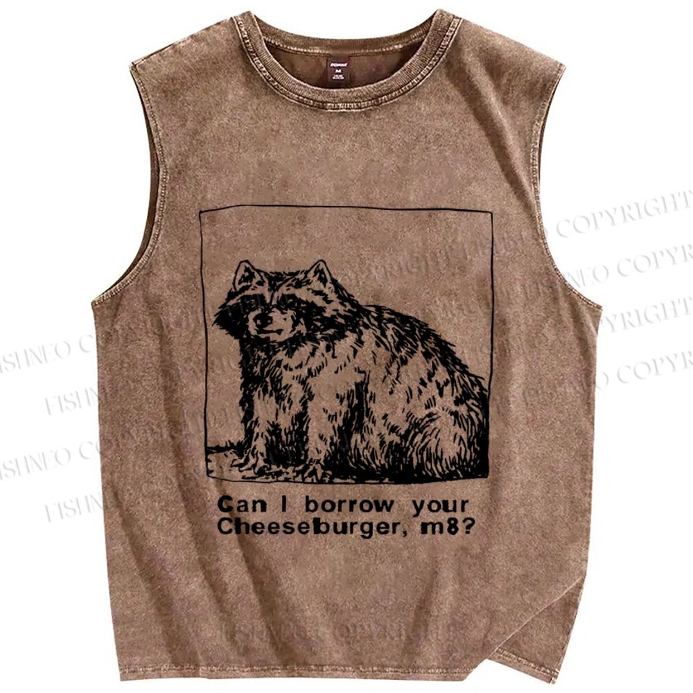 Unisex Can I borrow your cheeseburger Vintage Raccoon Printed Washed Tank Top