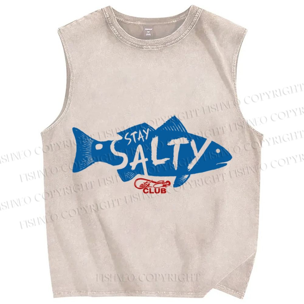 Unisex Vintage Fish Stay Salty Printed Washed Tank Top