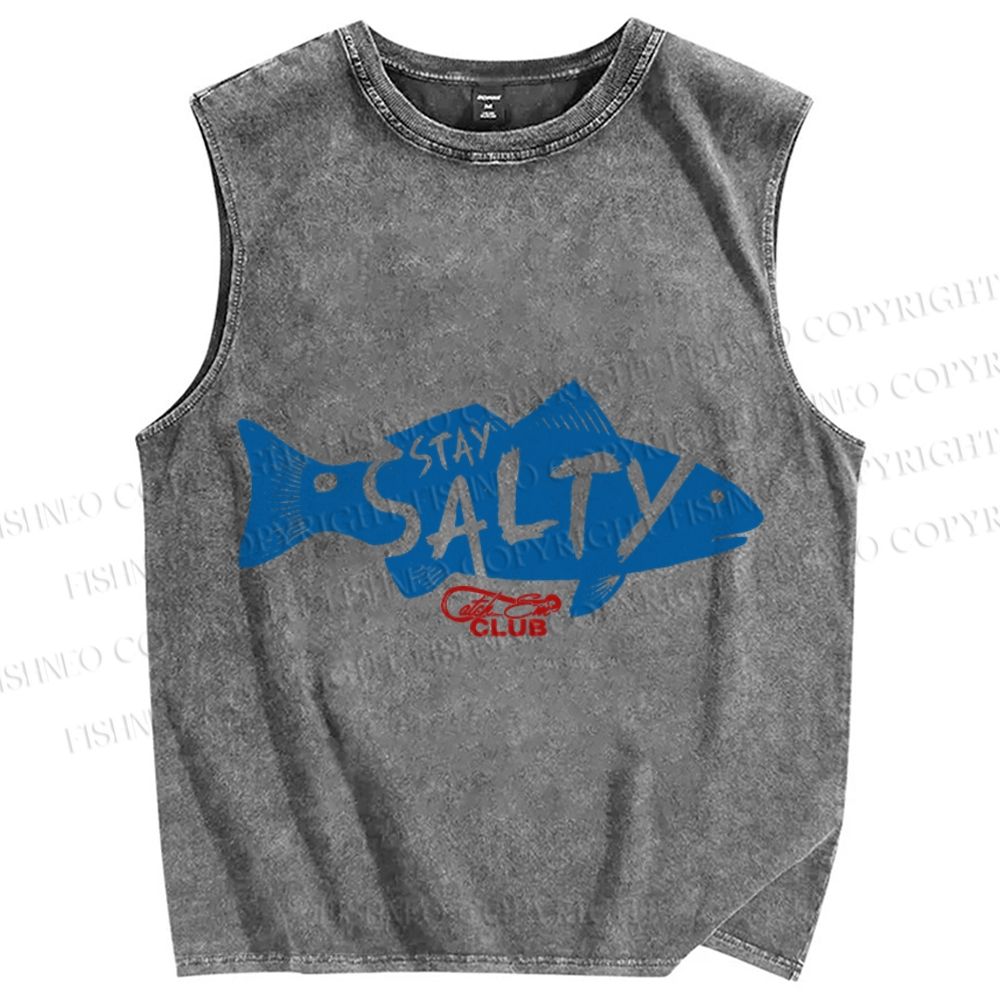 Unisex Vintage Fish Stay Salty Printed Washed Tank Top