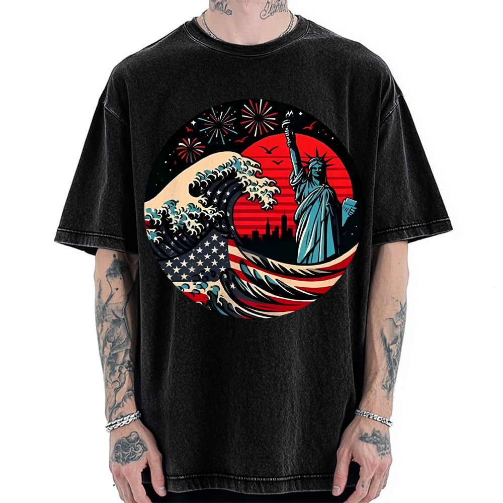 Independence Day And Waves Vintage Washed T-shirt