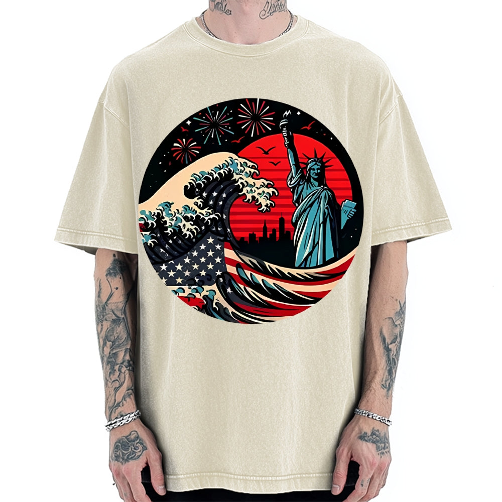 Independence Day And Waves Vintage Washed T-shirt