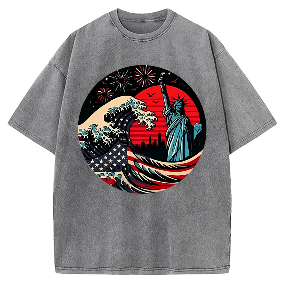 Independence Day And Waves Vintage Washed T-shirt
