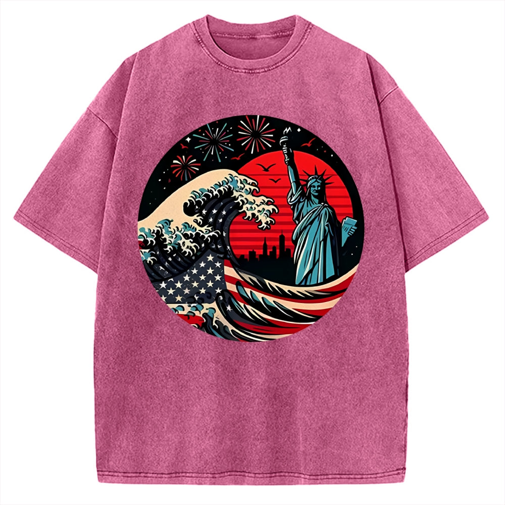 Independence Day And Waves Vintage Washed T-shirt
