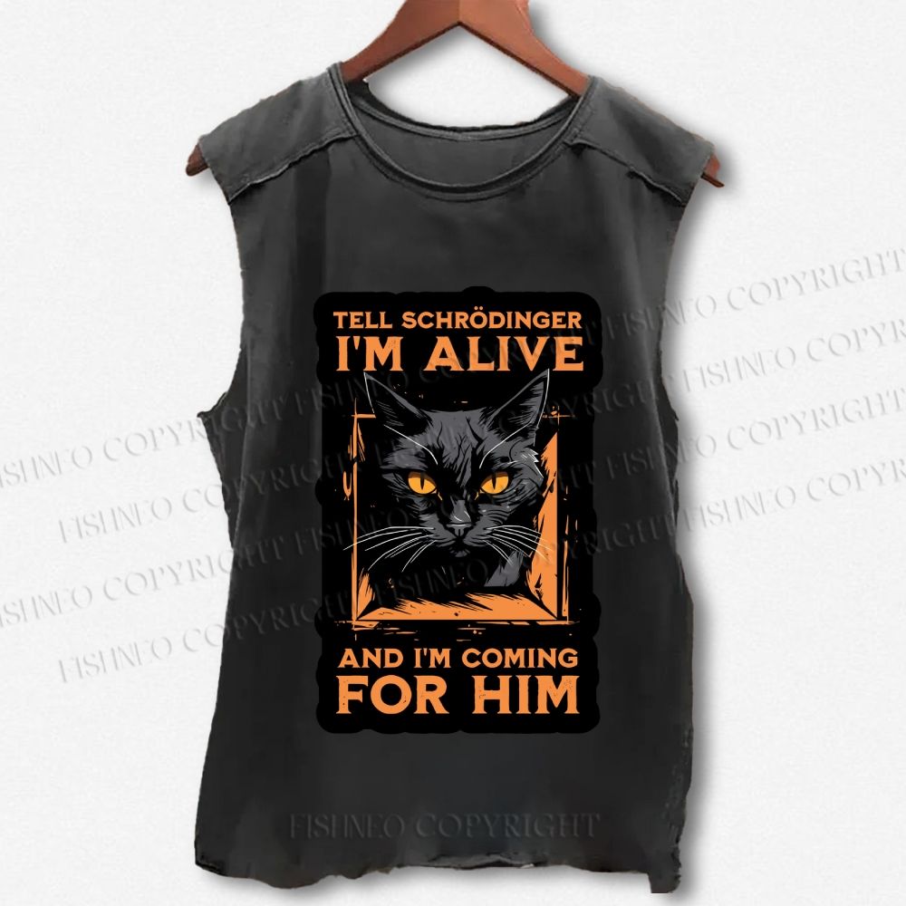 Unisex Alive And Coming Cat Printed Washed Tank Top