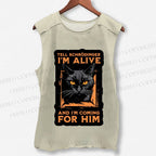 Unisex Alive And Coming Cat Printed Washed Tank Top