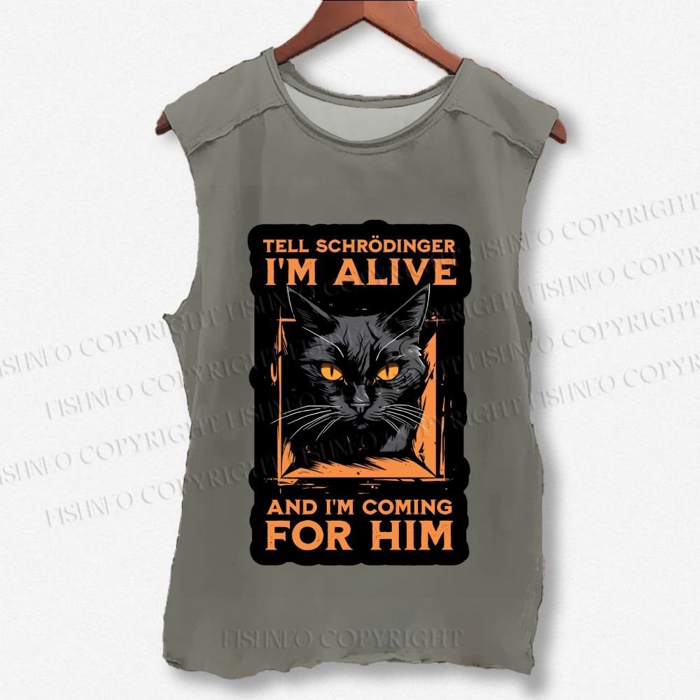 Unisex Alive And Coming Cat Printed Washed Tank Top