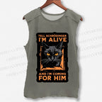 Unisex Alive And Coming Cat Printed Washed Tank Top