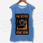 Unisex Alive And Coming Cat Printed Washed Tank Top