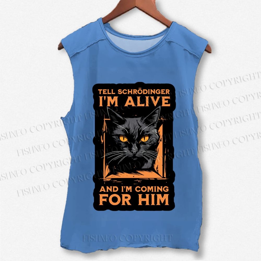Unisex Alive And Coming Cat Printed Washed Tank Top