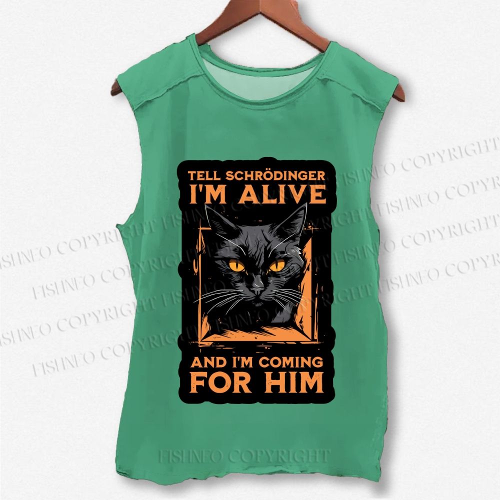 Unisex Alive And Coming Cat Printed Washed Tank Top