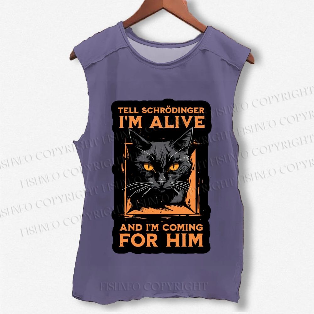 Unisex Alive And Coming Cat Printed Washed Tank Top