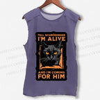 Unisex Alive And Coming Cat Printed Washed Tank Top