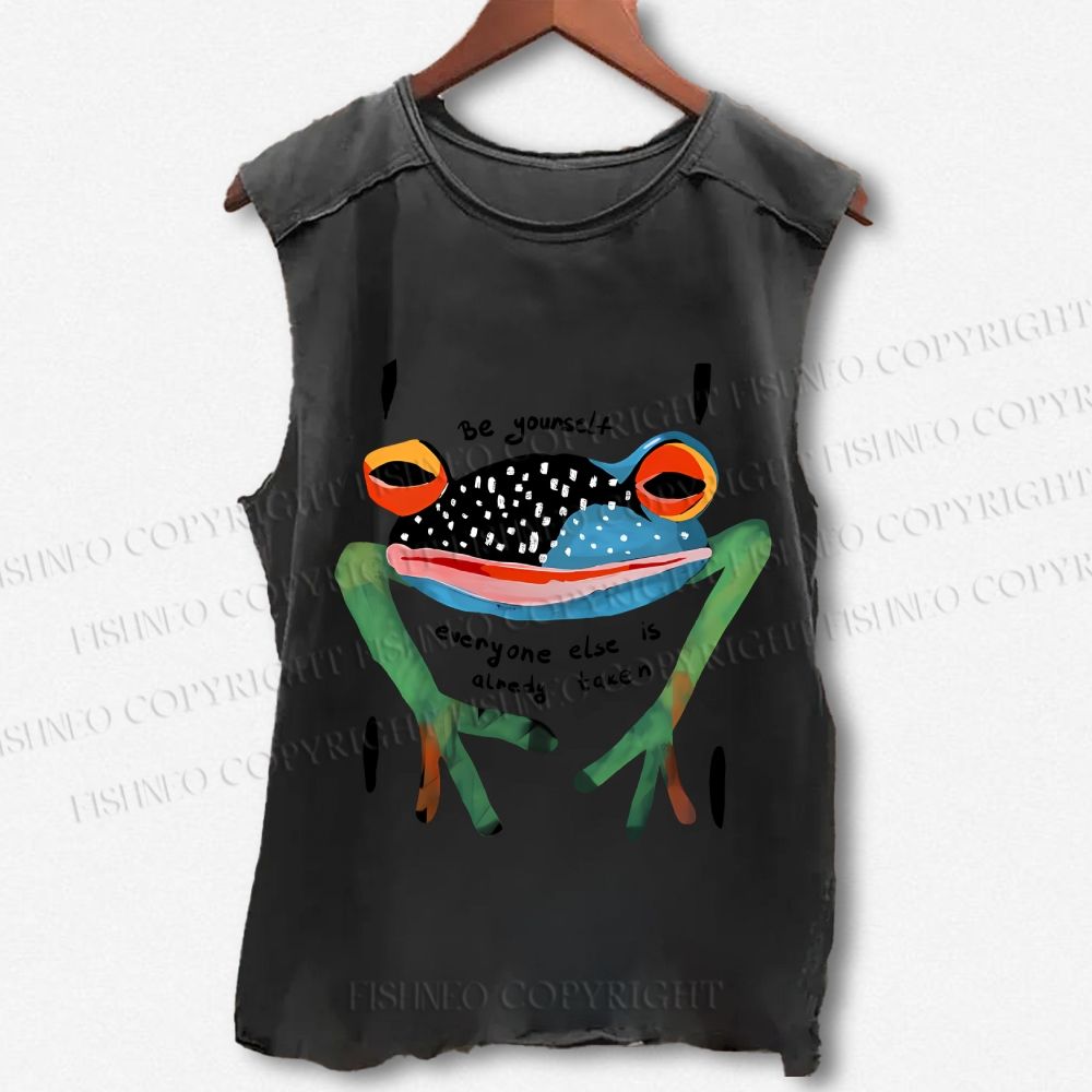Unisex Be Yourself Frog Printed Washed Tank Top