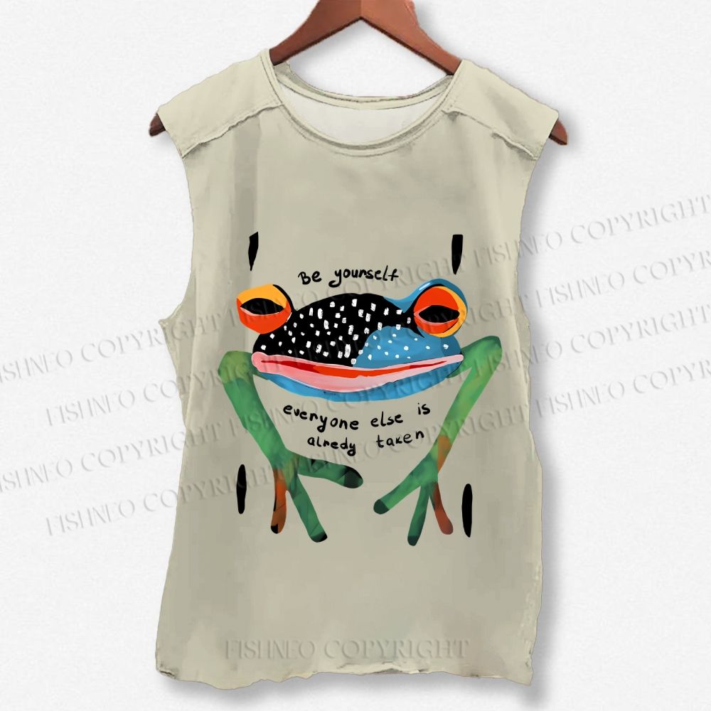 Unisex Be Yourself Frog Printed Washed Tank Top