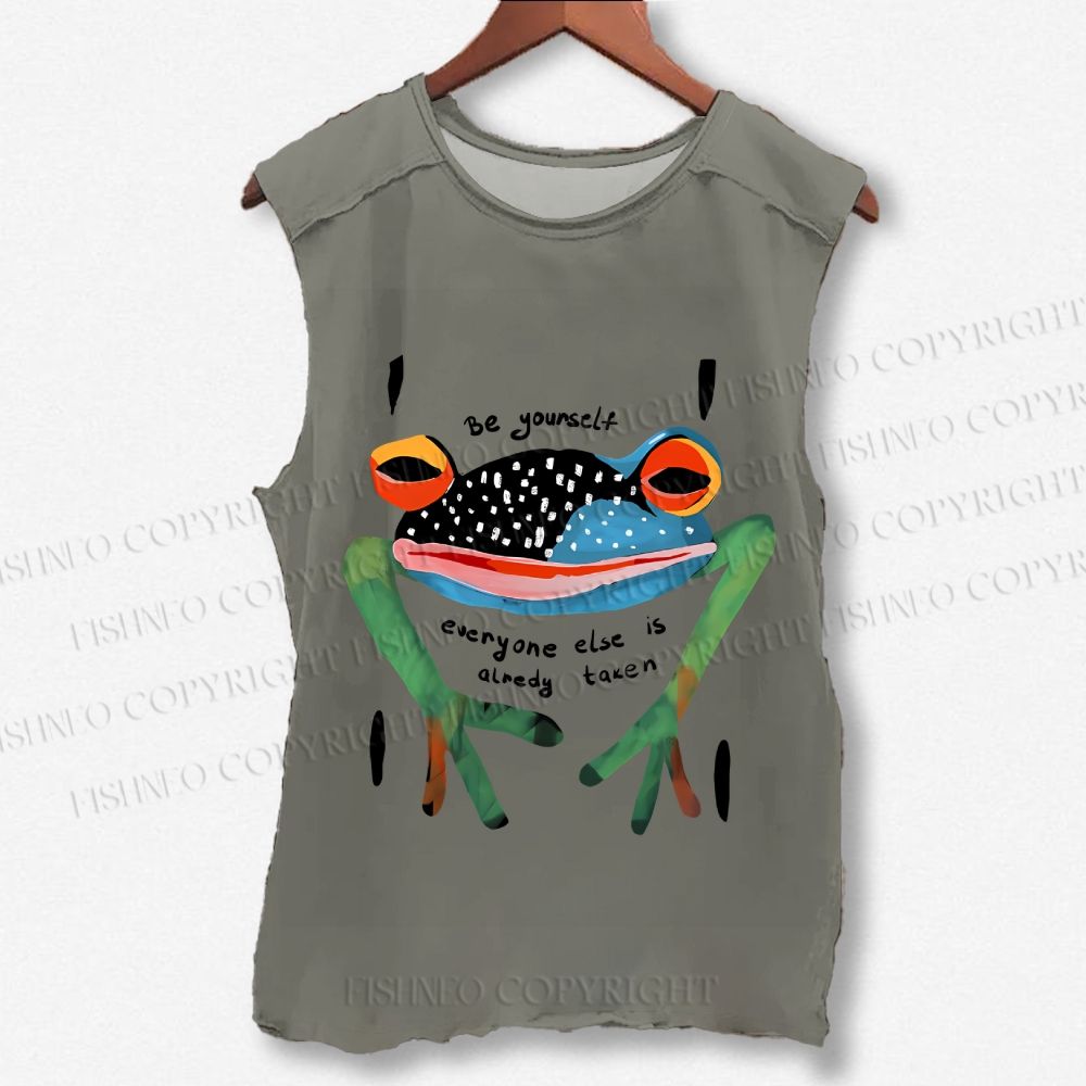 Unisex Be Yourself Frog Printed Washed Tank Top