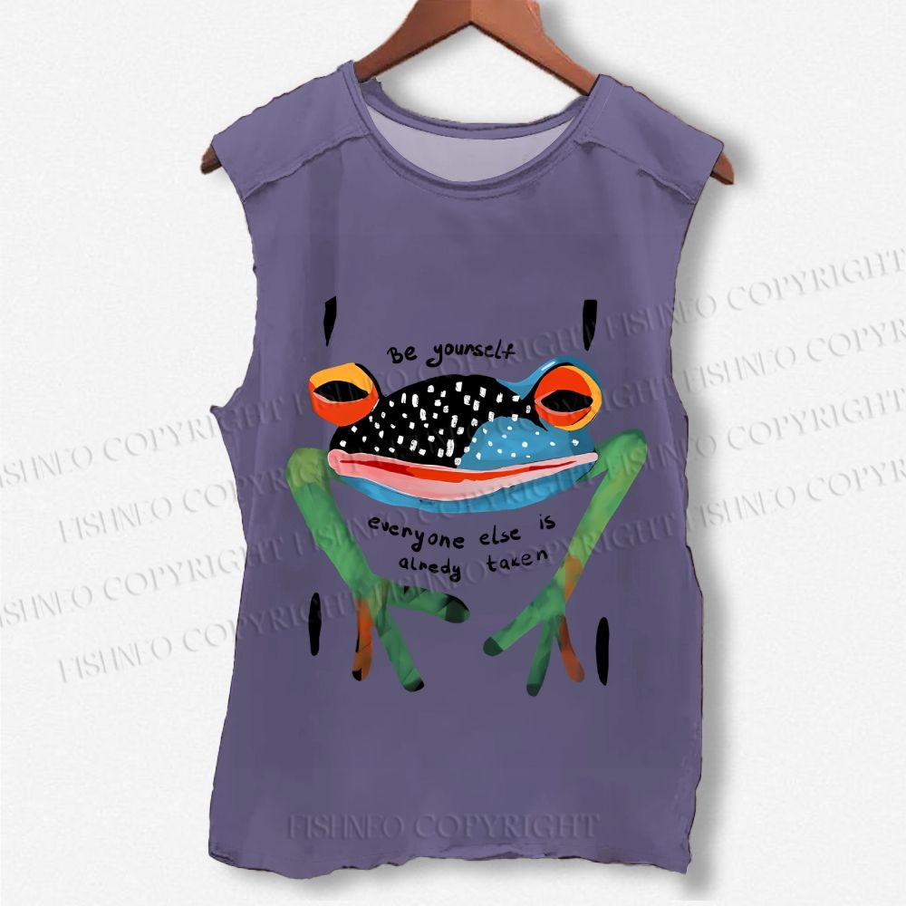 Unisex Be Yourself Frog Printed Washed Tank Top