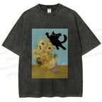 Unisex Van Gogh Cat Printed Washed Tee