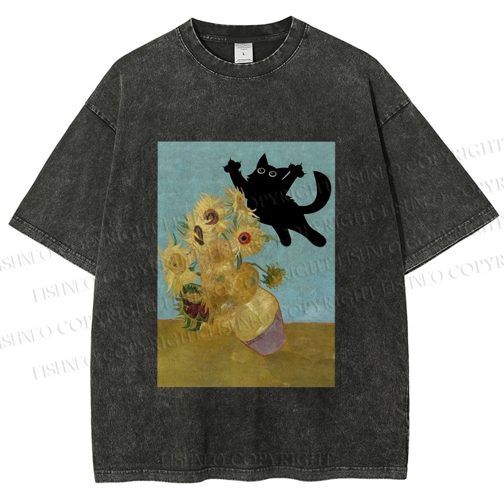 Unisex Van Gogh Cat Printed Washed Tee