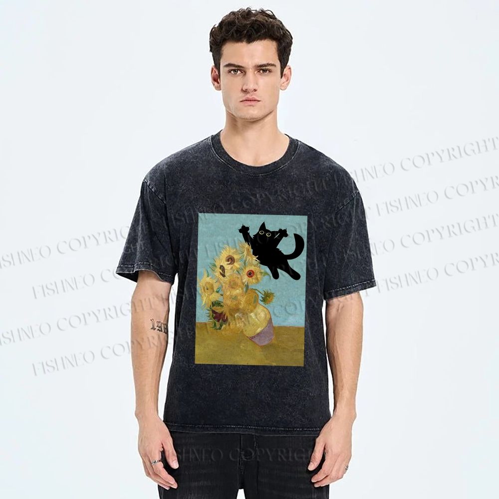 Unisex Van Gogh Cat Printed Washed Tee