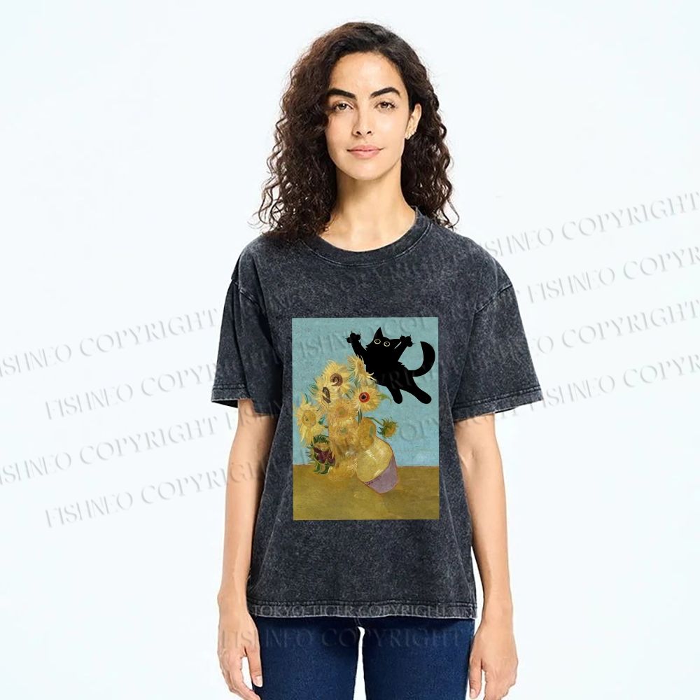 Unisex Van Gogh Cat Printed Washed Tee