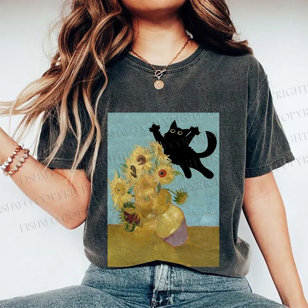 Unisex Van Gogh Cat Printed Washed Tee
