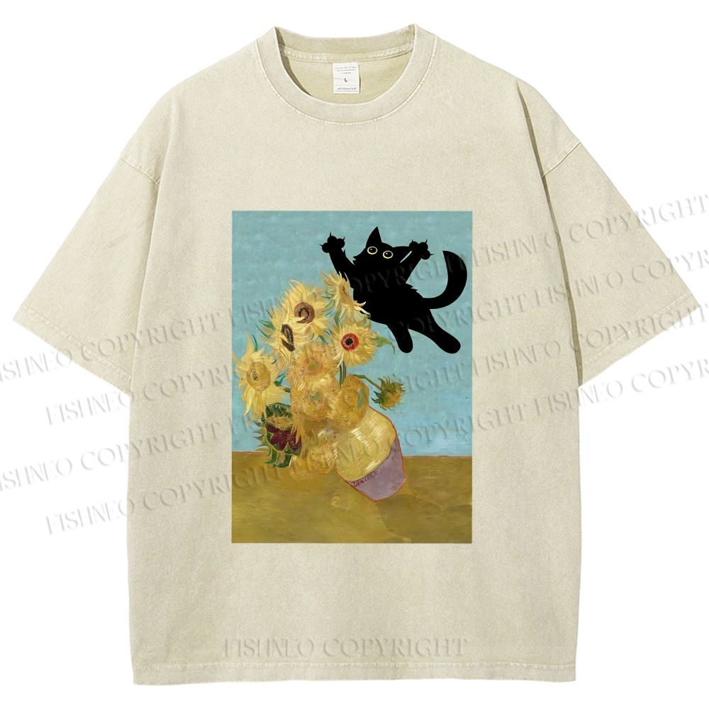 Unisex Van Gogh Cat Printed Washed Tee