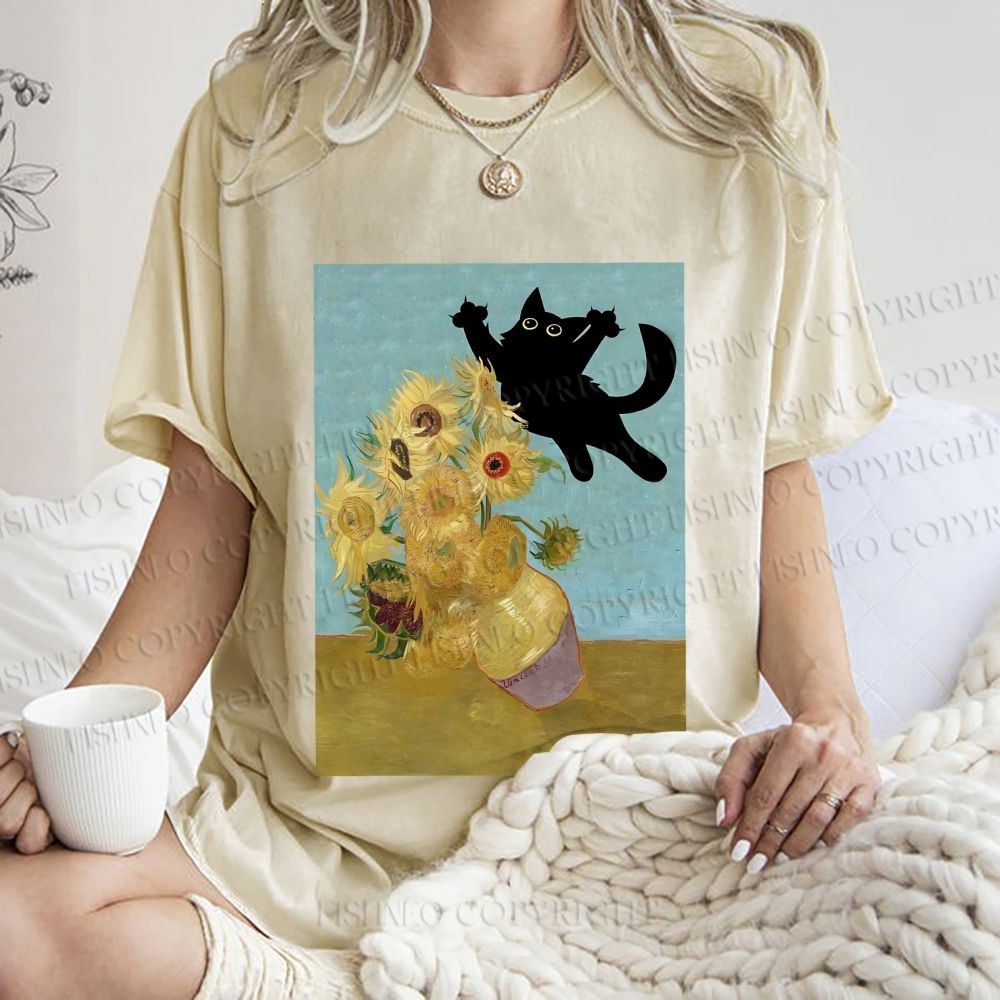 Unisex Van Gogh Cat Printed Washed Tee