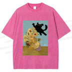 Unisex Van Gogh Cat Printed Washed Tee
