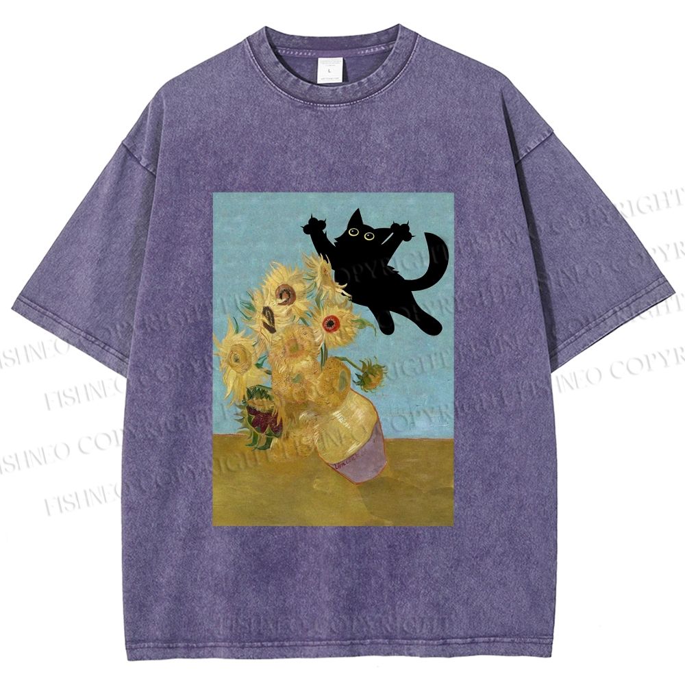 Unisex Van Gogh Cat Printed Washed Tee