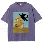 Unisex Van Gogh Cat Printed Washed Tee