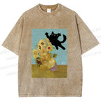 Unisex Van Gogh Cat Printed Washed Tee
