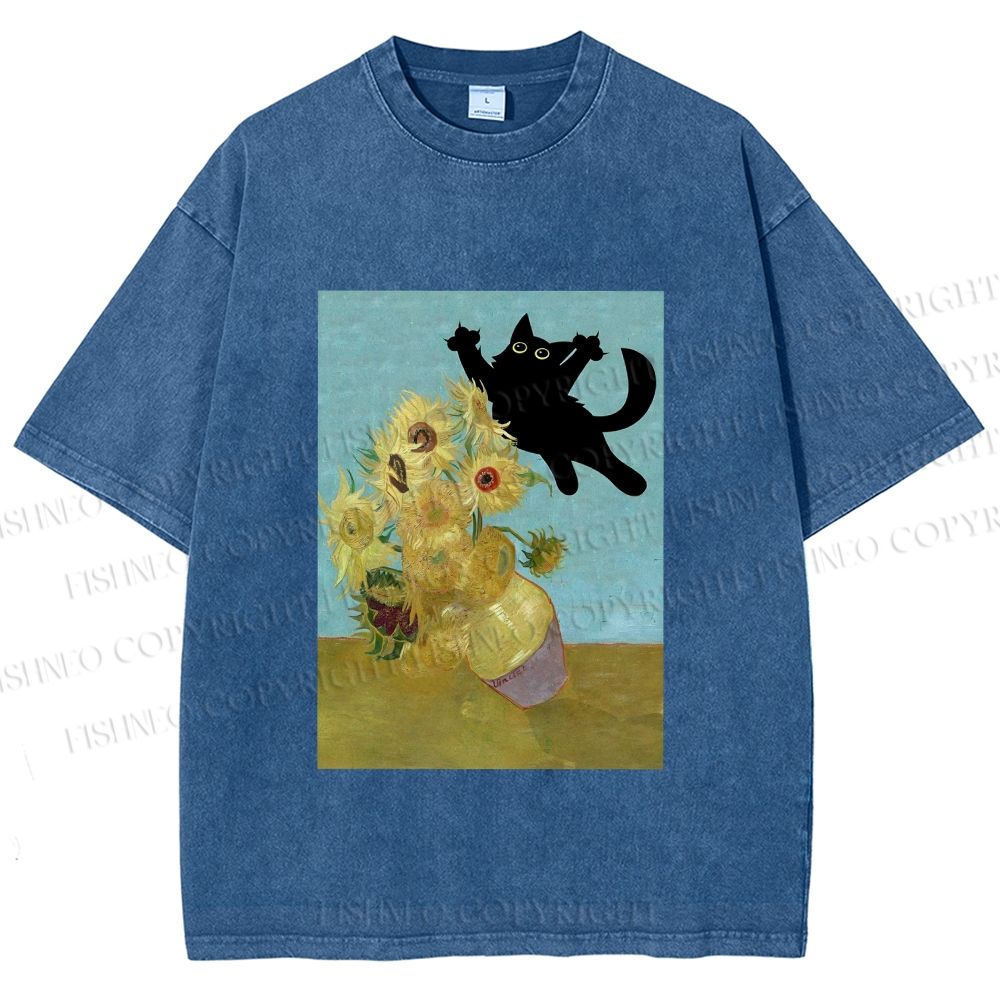 Unisex Van Gogh Cat Printed Washed Tee