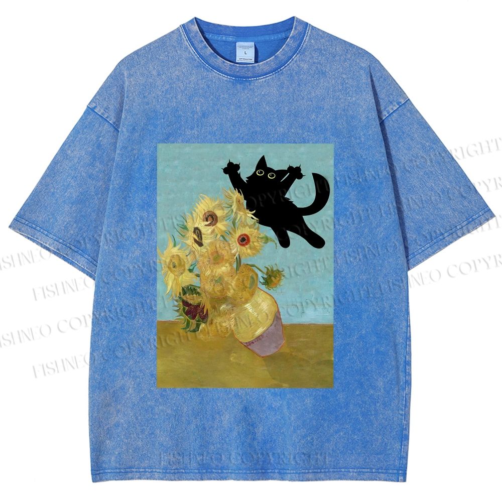 Unisex Van Gogh Cat Printed Washed Tee