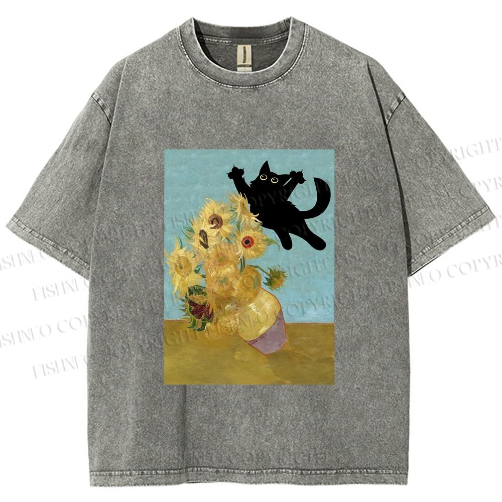 Unisex Van Gogh Cat Printed Washed Tee