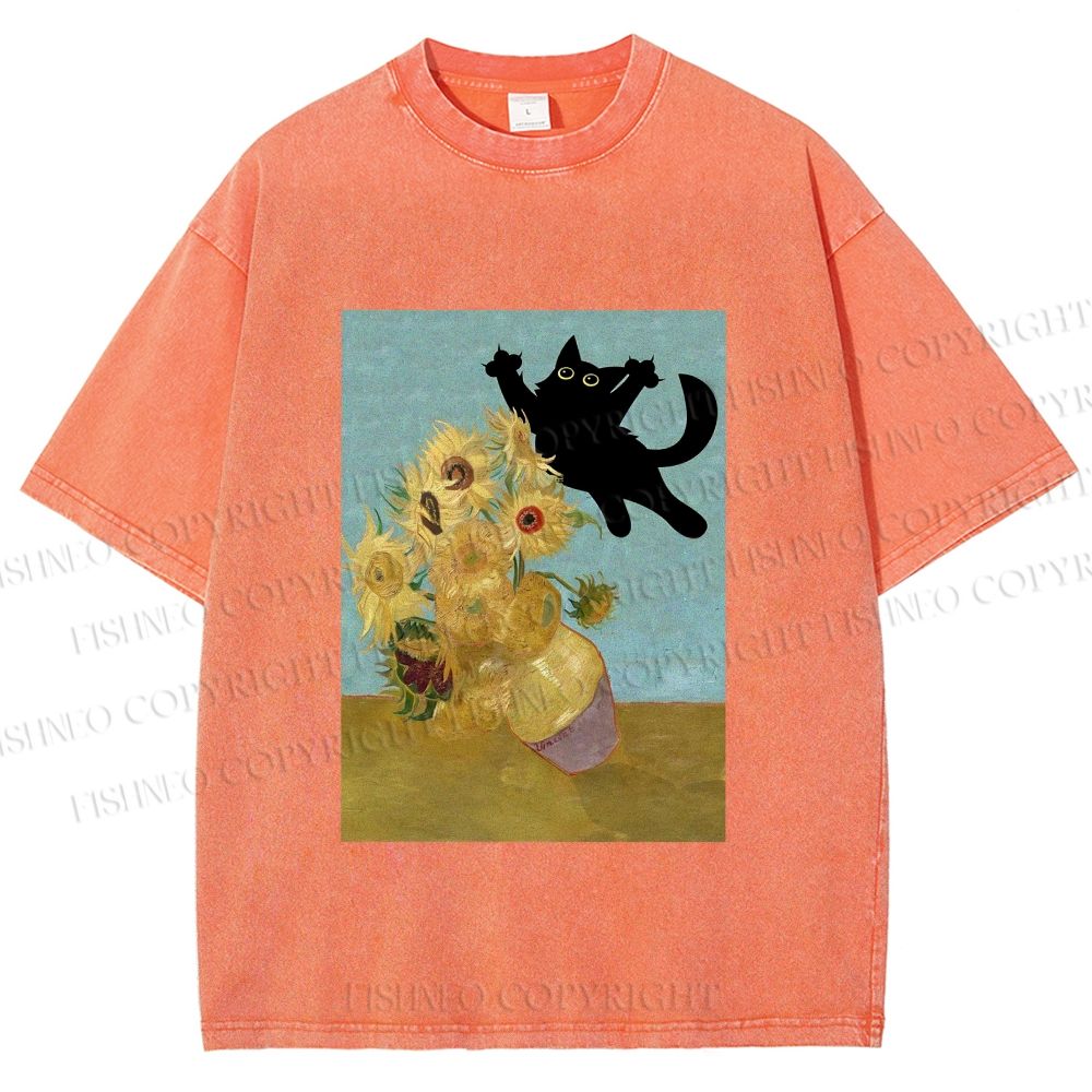 Unisex Van Gogh Cat Printed Washed Tee