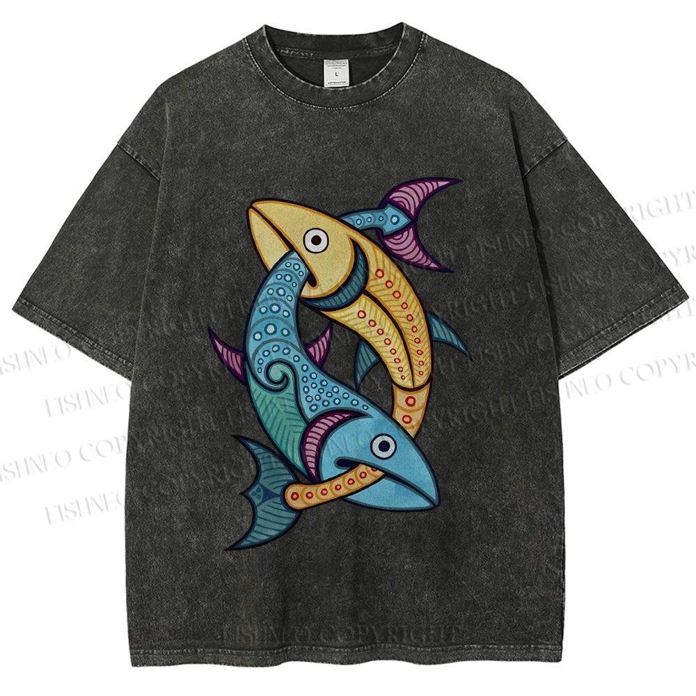 Unisex Vintage Fish Printed Washed Tee