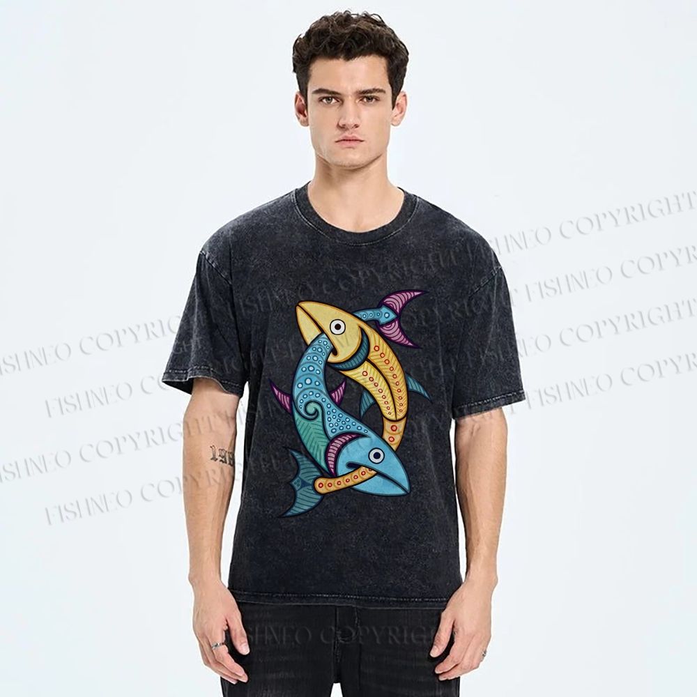 Unisex Vintage Fish Printed Washed Tee