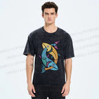 Unisex Vintage Fish Printed Washed Tee