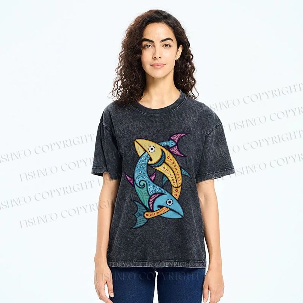 Unisex Vintage Fish Printed Washed Tee