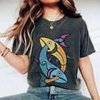Unisex Vintage Fish Printed Washed Tee