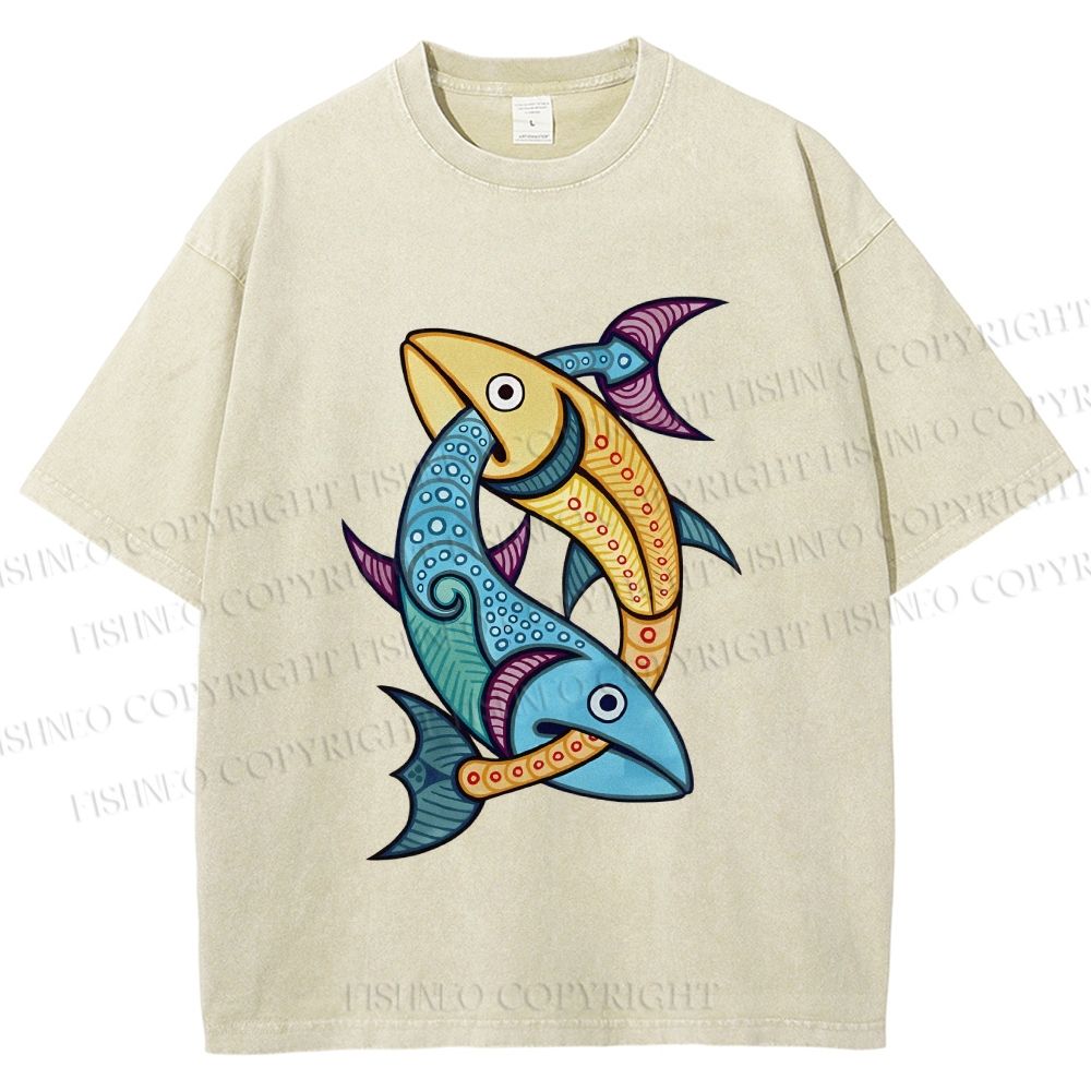Unisex Vintage Fish Printed Washed Tee