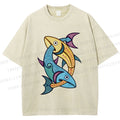 Unisex Vintage Fish Printed Washed Tee